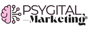 Immagine di un cervello rosa stilizzato composto per metà da chip, accanto c'è il nome dell'attività Psygital Marketing