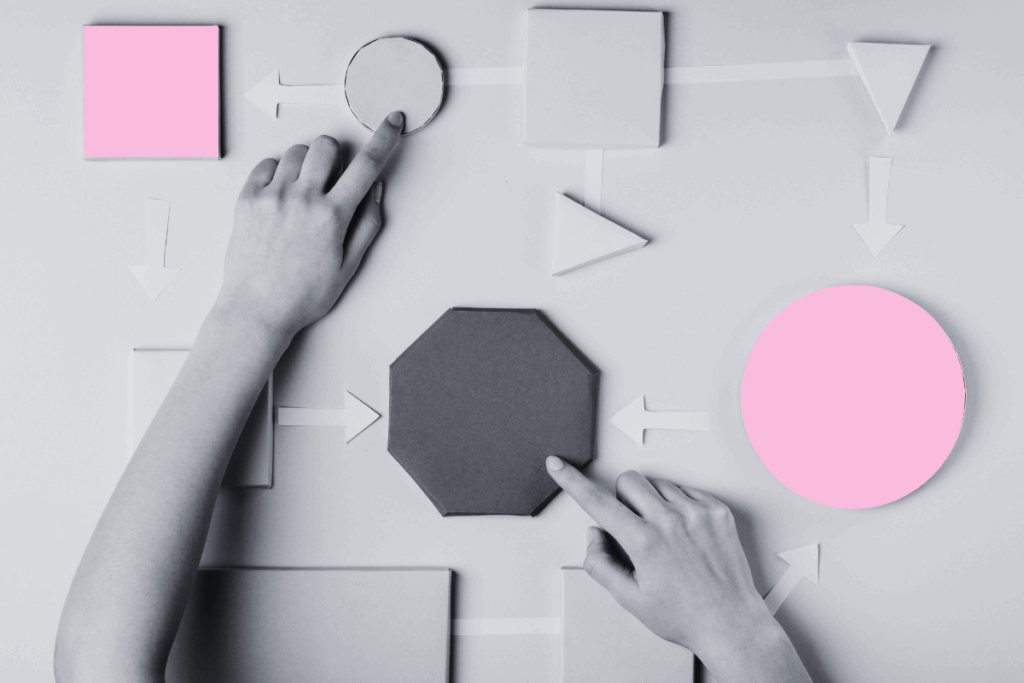 Delle mani che seguono una serie di flussi di forme geometriche di cartone e frecce disposte su un tavolo